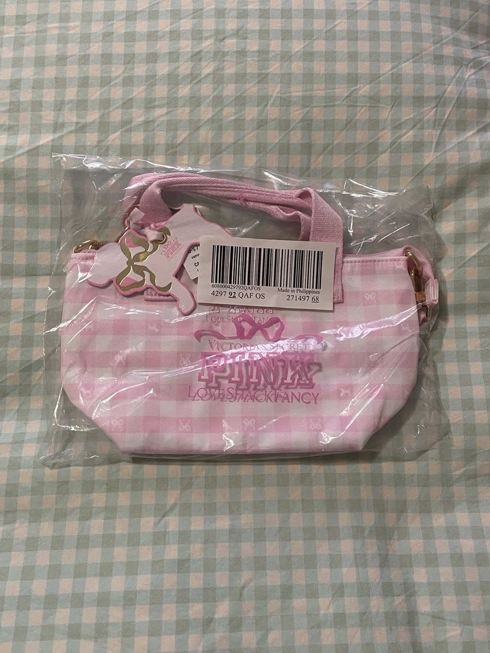 NWT Victoria’s Secret Pink x LoveShackFancy Mini Tote Bag Pink and White Plaid